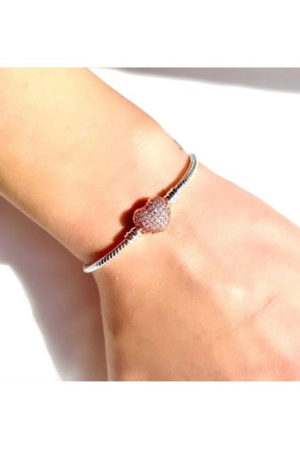 Pink Stone Rose Gold Heart Clip Charm Bracelet – Silver Color Tarnish-Resistant Steel Women's Bracelet
