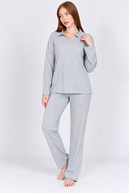 Women's Long Sleeve Polo Collar Interlock Fabric Pajama Set 100% Cotton
