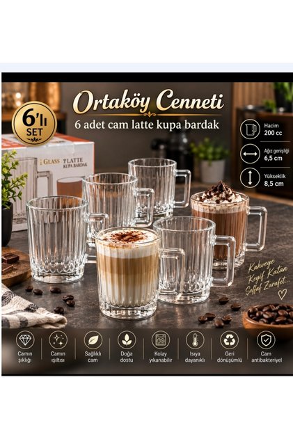 6 ad Latte cam kupa bardak ithal ürün 200 cc hacim 8.5 cm boyu 6.5 cm ağzı çızgili orta ürün