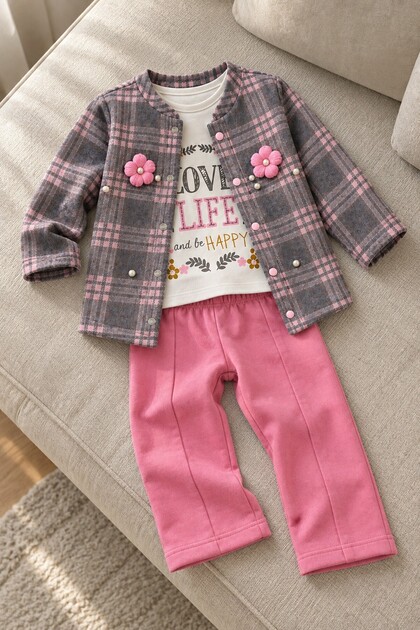 Baby Girl Set - 3-Piece Set with Floral Detail, Checkered Cardigan, Top and Bottom, Seasonal Set
