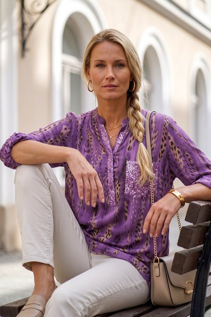 Italian Plum Color Judge Collar Long Sleeve Patterned Sequin Pocket Casual Viscose Woven Blouse 70 62