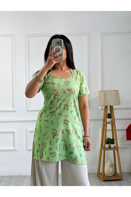 Lime Green Floral Printed Tunic with Lace-Up Corset Back - SMK9771 | Lime Green-Size:3XL-46-Inches