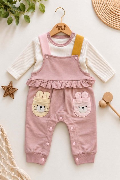 Baby girl long sleeve t-shirt overalls 2-piece set with ruffle pockets 2-piece set 0-12 months