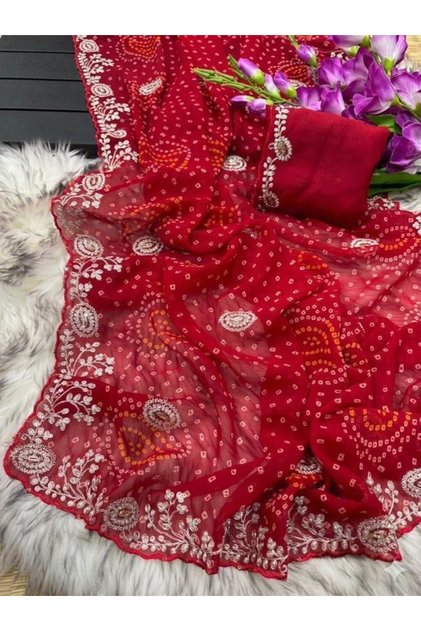 Red Georgette Bandhani Print Saree with Silver Zari Cutwork Border - KTS9705 | Red & Silver