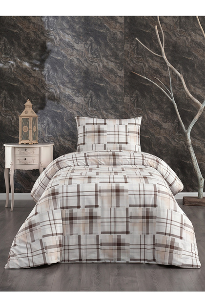 Premium Single Duvet Cover Set with Plaid Patterned Elastic Sheets Cream