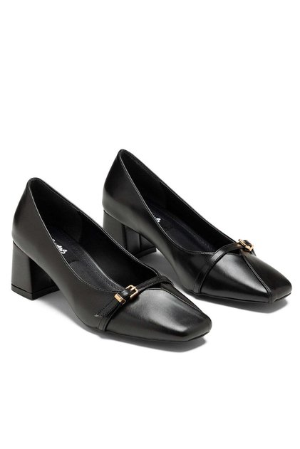 Women's Black Blunt Toe, Stitched Front, Thick Heeled, Gold Belt Detailed, Comfort Sole Stiletto
