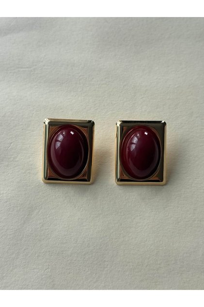 Gold Dikdörtgen Çerçeveli Bordo Taşlı Vintage Küpe