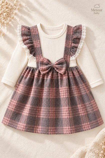 Baby Girl Dress Set Plaid Patterned Dress with Bow and Lace Detail