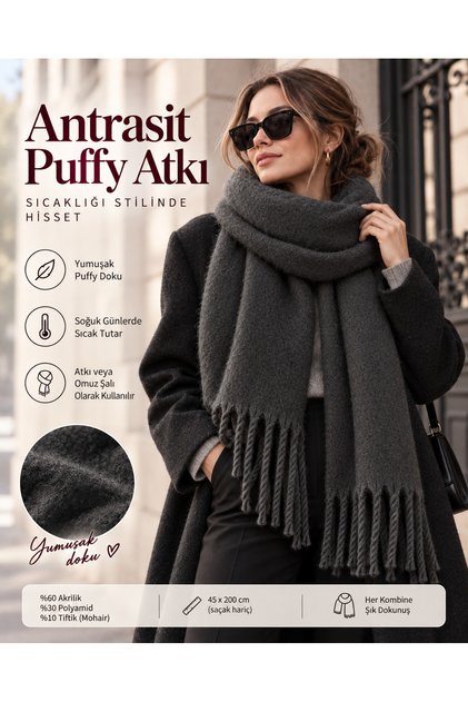 Anthracite Puffy Scarf Soft Textured Fringed Oversized Winter Scarf 45X200 cm