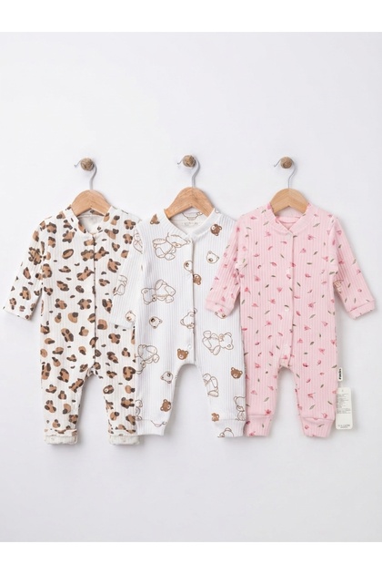 Baby Girl 3-Pack Long Sleeve Ribbed Jumpsuit Set Without Booties (Floral, Teddy Bear and Leopard Pattern)