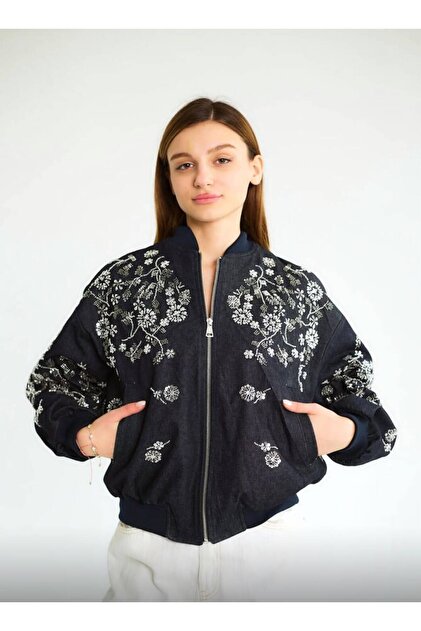 Women's Navy Blue Floral Embroidered Zippered Denim Coat