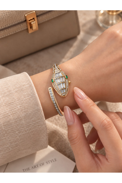 Green & Pink & Black Stone Snake Model Women's Wristwatch – Gold Bracelet Formed Baguette Stone, Elegant Watch with Openable Cover
