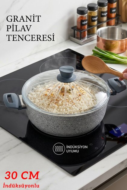 30 Cm Granit Pilav Tenceresi Cam Kapaklı – İndüksiyon Uyumlu Büyük Boy Aile Tenceresi