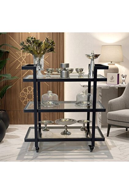 عربة تقديم بتصميم ممتاز، هيكل حديدي وزجاج شفاف، 3 طبقات، لون أسود، مقاس 80 × 40 × 70 سم.