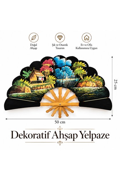 Dekoratif Ahşap Yelpaze Duvar Dekoru Otantik Asya Desenli Ev ve Ofis Dekorasyonu 50x25 cm