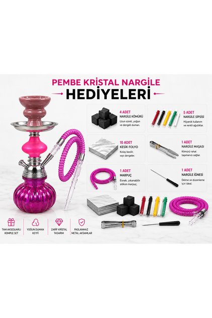 Kristal Nargile Takımı 32 cm – Komple Set, 7 Parça Hediye, Cam Nargile