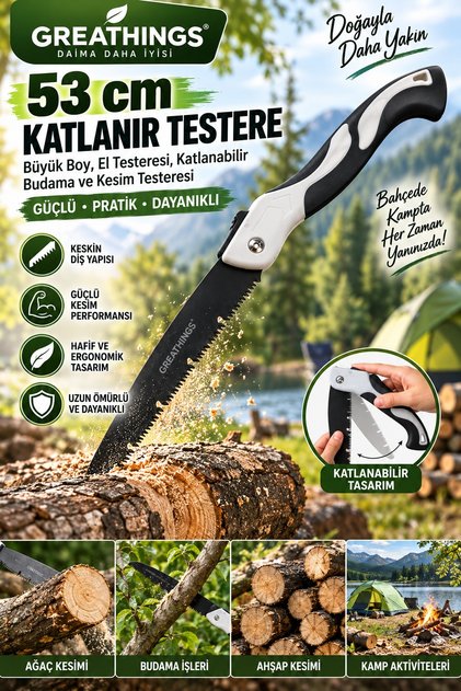 53 cm Katlanır El Testeresi, Büyük Boy Budama Testeresi, Kamp Bahçe ve Ahşap Kesim Testeresi