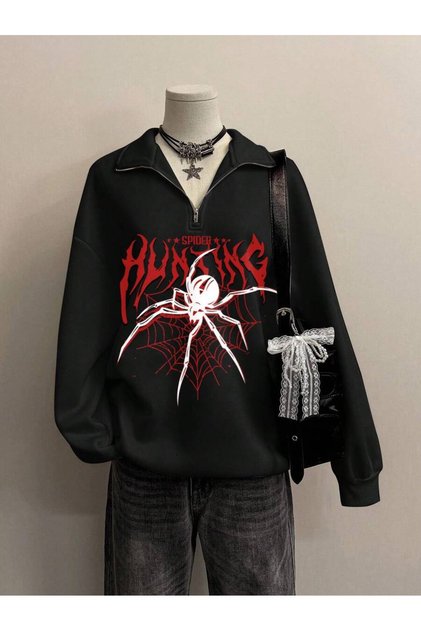 3 Thread Black Spider Half-Zip Sweatshirt - Printed Oversized Stand Collar