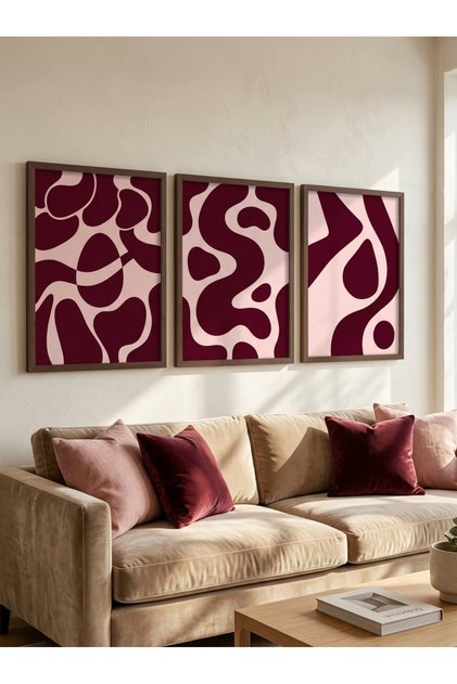 3'lü Set Modern Soyut Bordo Krem Desenli Çerçeve Görünümlü Duvar Tablosu Salon Dekorasyonu