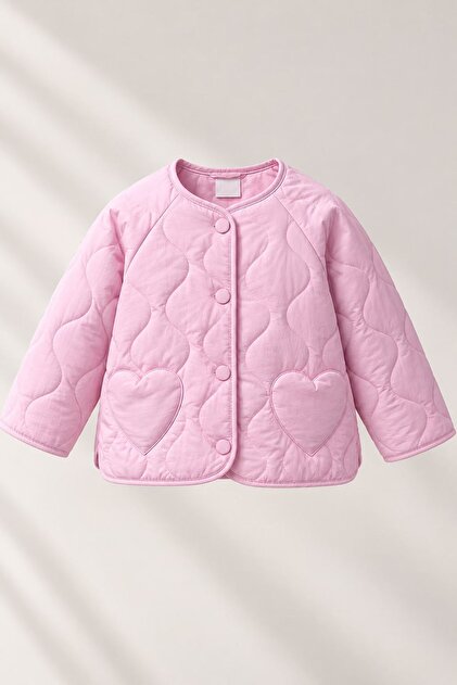 Quilted Girls' Seasonal Quilted Coat with Heart Pockets - Pink