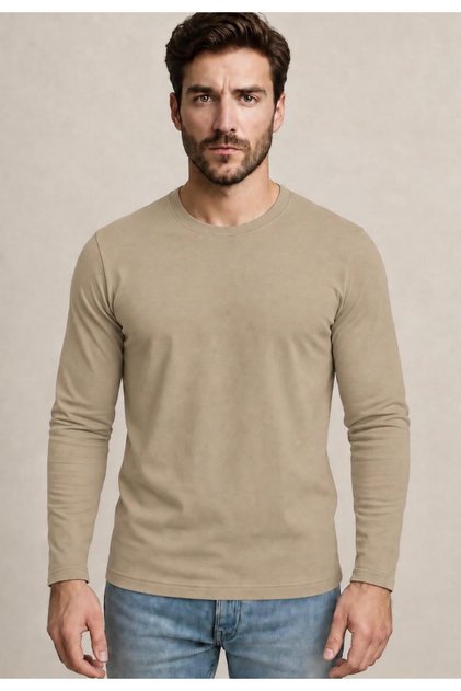 Erkek Bej Pamuklu Likralı Süprem Uzun Kollu T-shirt-D240