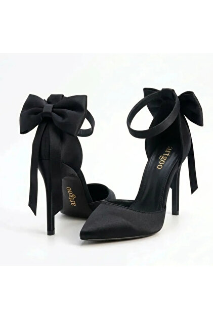 Women's Black Satin Bow Detailed Ankle Strap Daily Casual 9 cm Heel Shoes