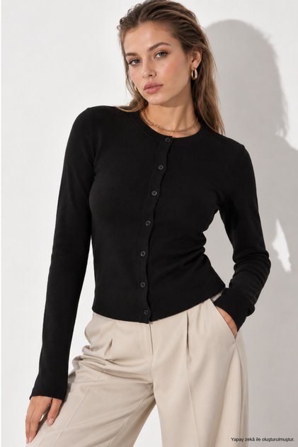 Women's Black Cotton Body-Hugging Buttoned Basic Cardigan Blouse