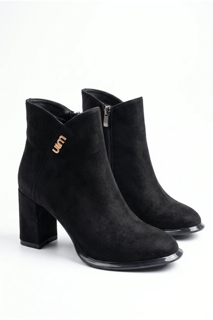 Women's Thick Heeled Round Toe Zippered Ankle Boots with Logo Detail - Elisa - Black Suede