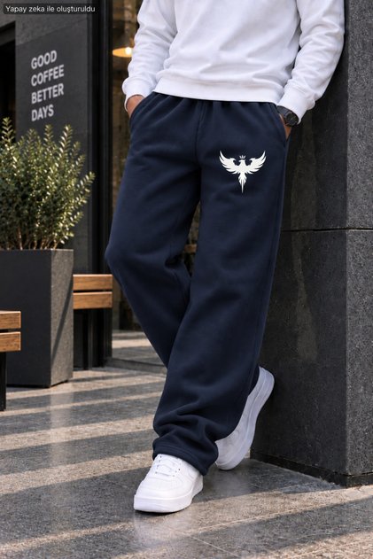 Men's White Crowned Eagle Printed Casual Sweatpants - Loose Fit Comfortable Cut Two-Thread Sports Trousers