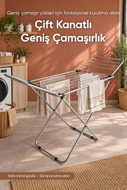 Katlanabilir Metal Çamaşır Kurutmalık 176 cm Geniş Kanatlı Dayanıklı Ev Balkon Tipi Gri Çamaşırlık