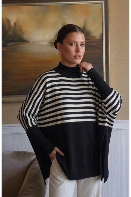 Striped Standard Size Knitted Women's Poncho