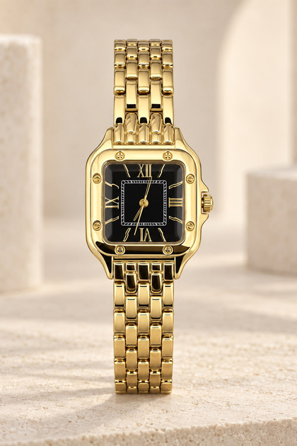 Siesta Women's Wristwatch Gold Color Steel Band Black Dial with Roman Numerals Square Case Minimal Vintage Stylish Analog Women's Watch 2026