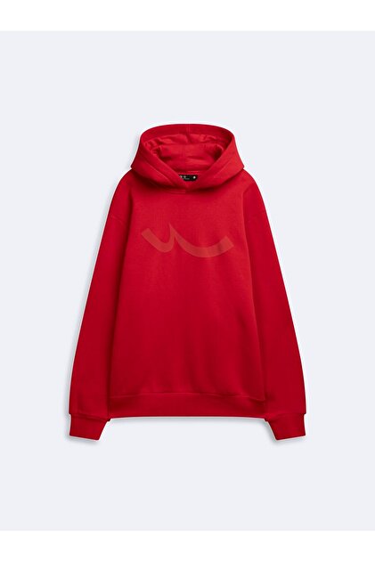 Regular Fit Sign Printed Hooded Red Sweatshirt