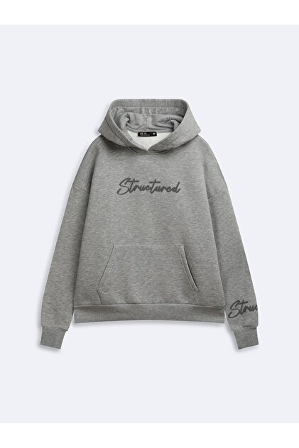 Relaxed Fit Letter Print Hooded Gray Sweatshirt