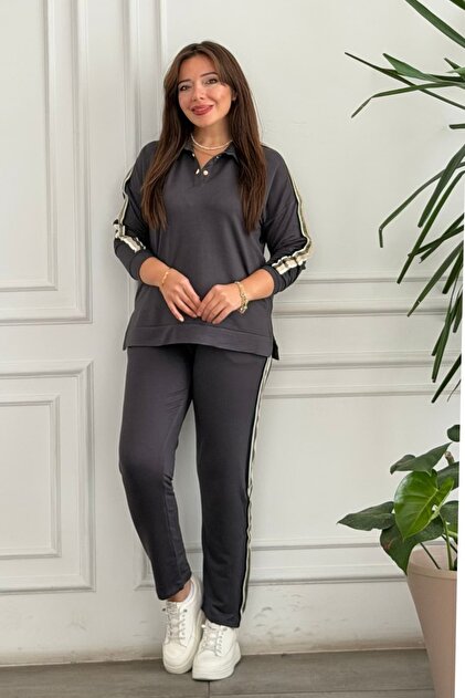 Polo Yaka Simli Şerit Detaylı Eşofman Takımı