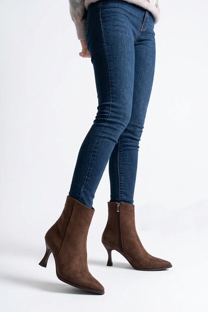 Nerme Parted Side Zipper Women's Classic Thin Heeled Boots Brown Suede