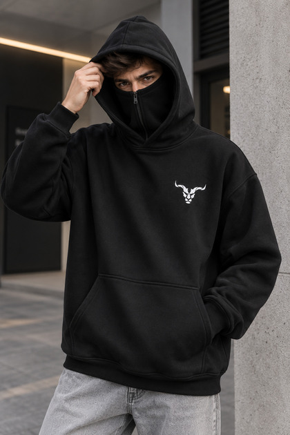Unisex Oversize Masked Hooded Sweatshirt with Zipper for Face Protection Printed Hoodie