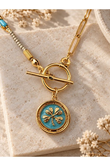 Turquoise Beaded Clover End Gold Color Chain Luck Necklace