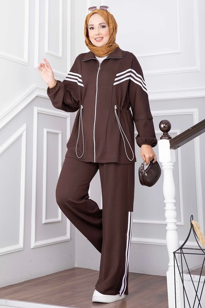 Stripe Detailed Zippered Sports Suit Brown