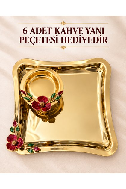 Çiçek Detaylı Şık Kahve Sunum Tepsisi ve Lokumluk - 12 Parça
