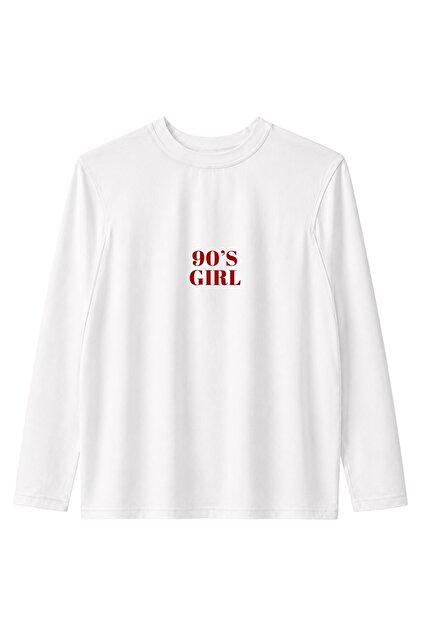 Kadın Oversize Uzun Kollu Tişört 90’s Girl Baskılı Beyaz – Bisiklet Yaka, %100 Pamuk