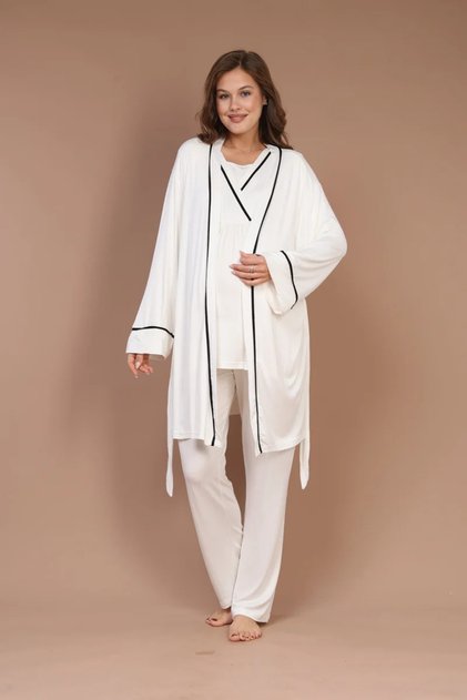 Women's White and Black Ribbed 3-Piece Maternity Pajama Set – Maternity Set with Hidden Nursing Detail and Robe, Hospital Release