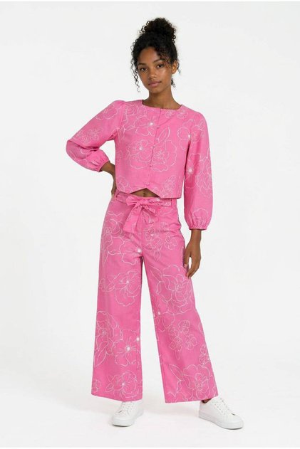 Girl's Floral Patterned Shirt and Wide-Legged Pants 2-Piece Set