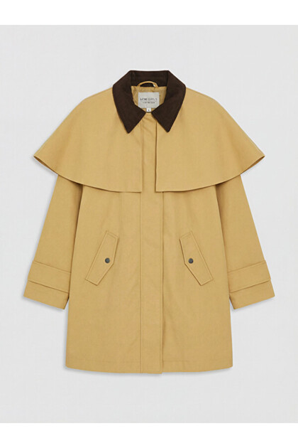 Velvet Collar Girls' Trench Coat with Cape Detail