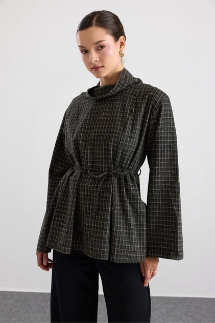 Degaje Yaka Oversize Checkered Blouse Khaki 9839