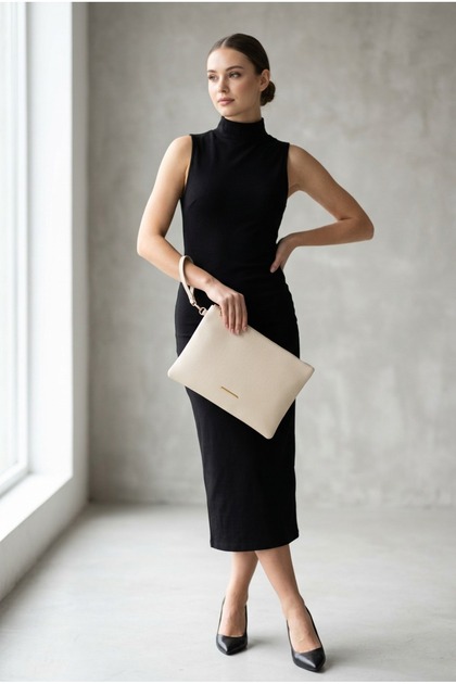 Women's Light Beige Portfolio Bag Large Size Handbag with Wrist Strap Stylish Daily Evening Dress Bag