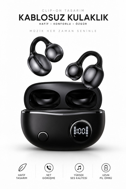 Kablosuz Bluetooth Kulaklık Clip-On TWS Mikrofonlu Dijital Göstergeli Şarj Kutulu Kulaklık İOS ve Android Uyumlu Çeviri Özellikli