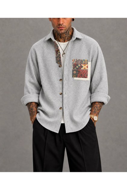 Oversize Bohemian Cotton Stamped Gray Shirt
