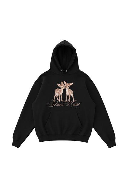 Kadın Fawn Heart Geyik Baskılı Oversize Hoodie 3 İplik Kapüşonlu Sweatshirt