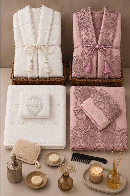 Dream Boxed Jacquard Lace Bathrobe Set | Bathrobe | Towel & Towel Set | Bathroom Dowry Set